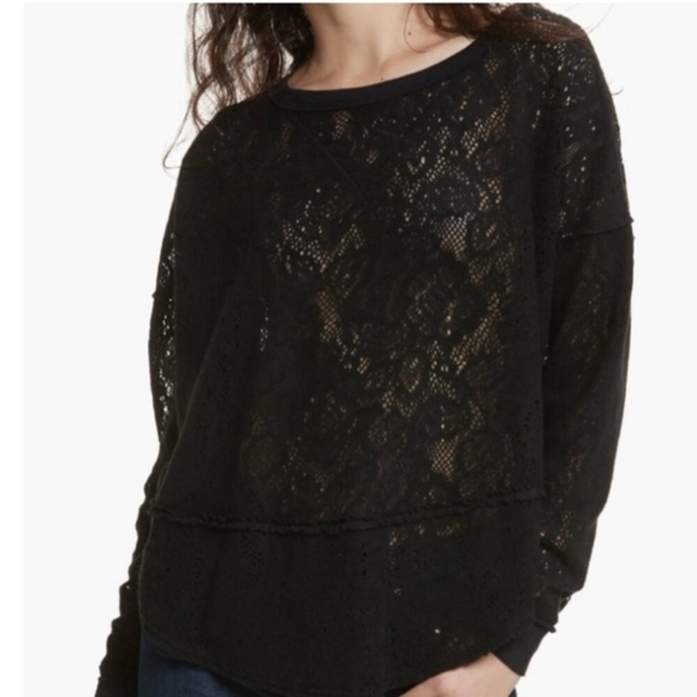 Free People Not Cold In This Knit Lace Top Black Boho Size Small